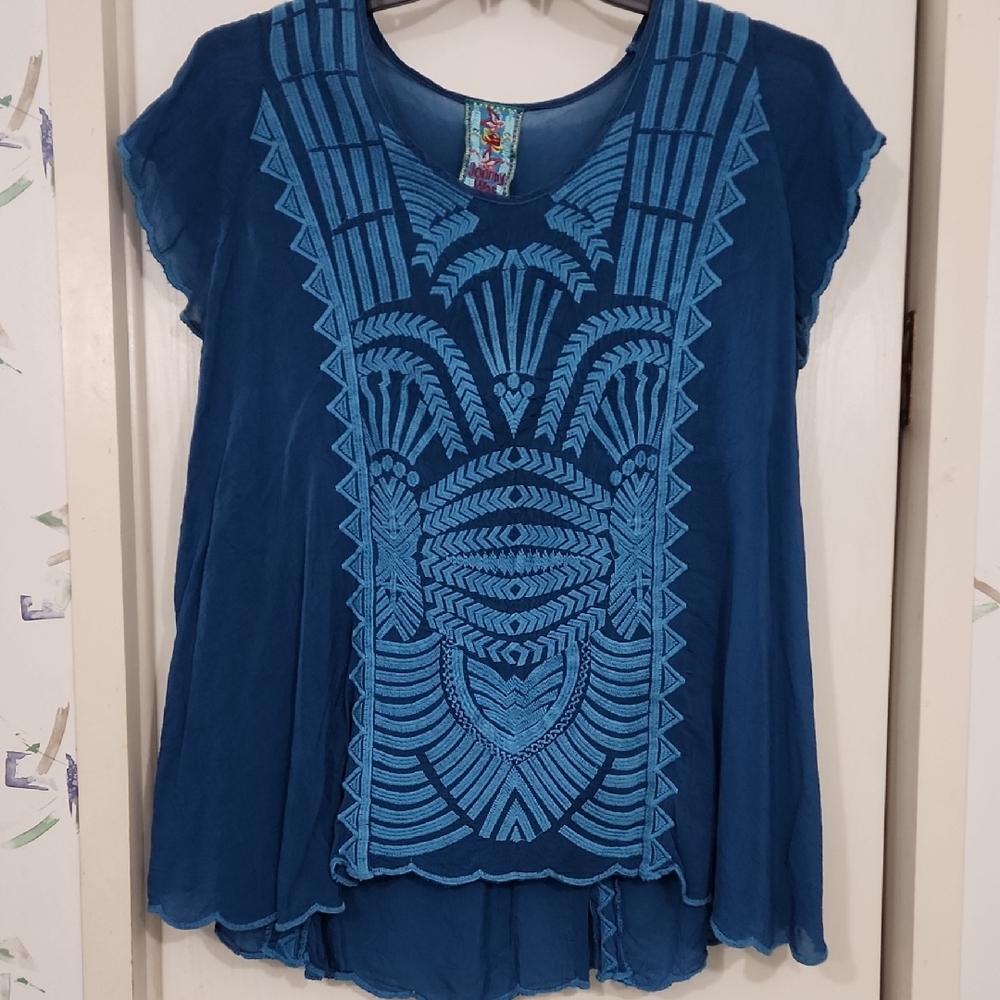 Johnny Was Teal Embroidered Blouse